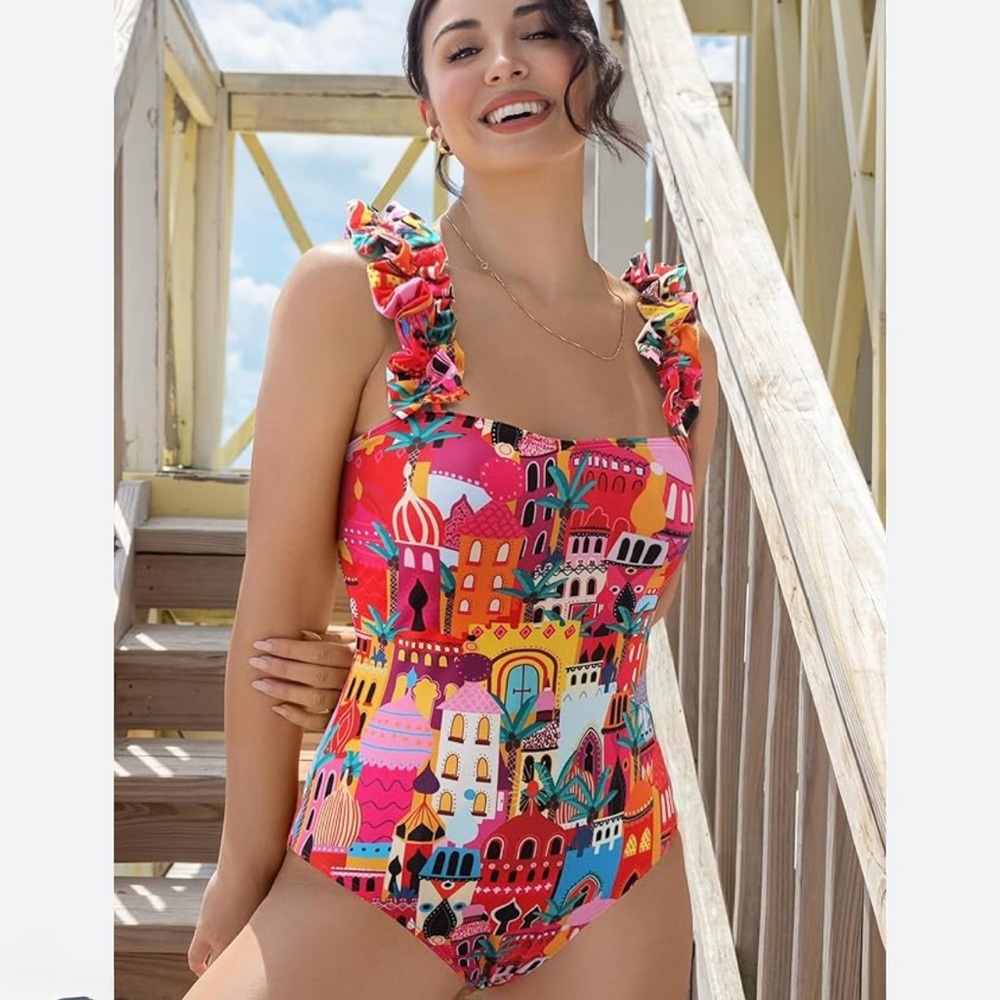Sporlike Multicolor High Cut Swimsuit Padded One Piece Ruffle Strap Size M NWT